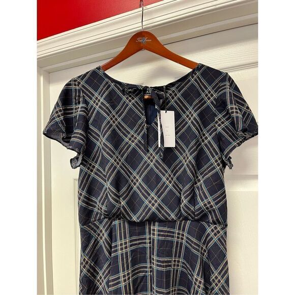 Unique Vintage Navy Plaid Keyhole Tie Front Dress sz XL NWT - Picture 2 of 8